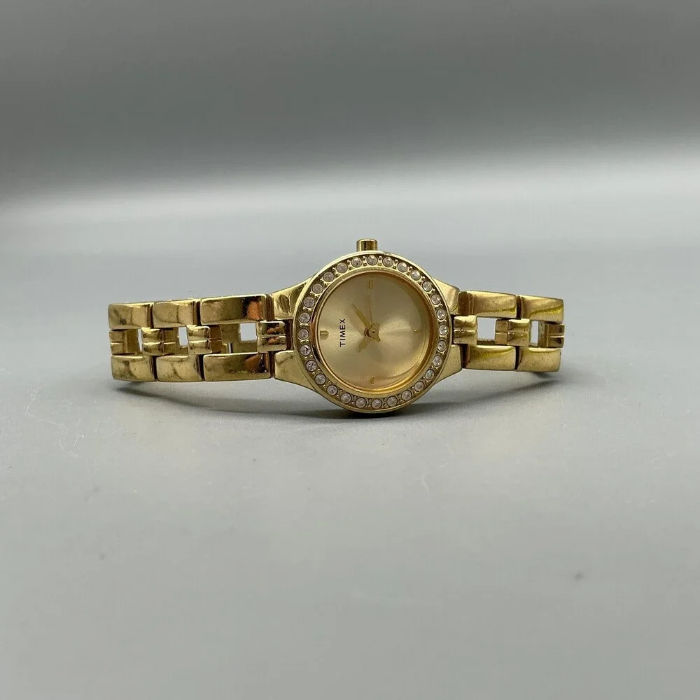 Timex Womens Watch 23mm Gold Tone Crystals Dress Bracelet New Battery 6.75